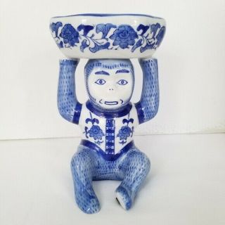 Blue White Porcelain Monkey Vintage? Hand Painted Soap Dish Trinket Chinoiserie