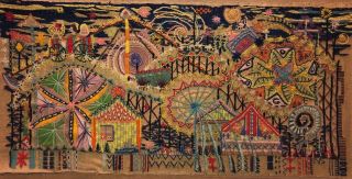 Vintage Crewel Embroidery Burlap Tapestry Carnival Scene Huge Shabby Chic