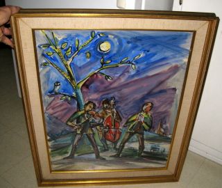 Large Vintage / Antique French Watercolor Painting / Musician / Band / France