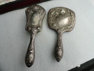 Vintage Gorham Ornate Sterling Silver Round Hand Mirror & Brush Dressing Set