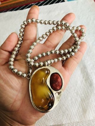 Vtg 925 Sterling Silver Fas Amber? Stone Big Pendant Beaded Necklace 45.  7g - 18”