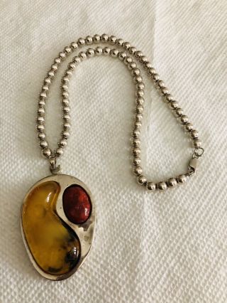 Vtg 925 Sterling Silver FAS Amber? Stone Big Pendant Beaded Necklace 45.  7g - 18” 2