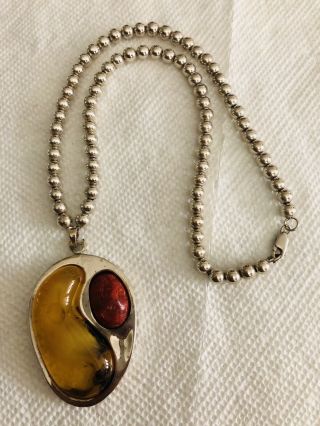 Vtg 925 Sterling Silver FAS Amber? Stone Big Pendant Beaded Necklace 45.  7g - 18” 3