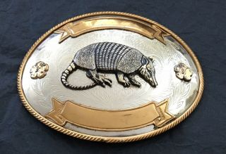 Vtg Huge 5” Tony Lama German Silver & Bronze Armadillo Trophy Banner Belt Buckle