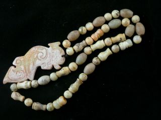 29 Inches Chinese Old Jade Beads Necklace W/jade Shang Phoenix Pendant I016