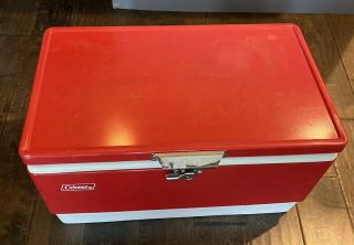 Vintage 1975 Coleman Red Steel 44 Quart Cooler With Bottle Openers & Tray