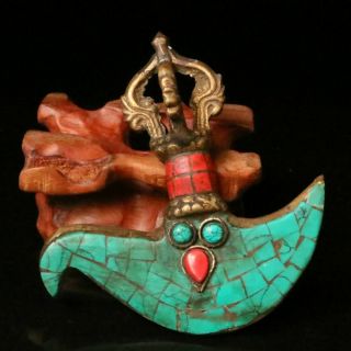 Nepal Handmade Statue Tibetan Brass Turquoise Coral Inlaid Religion Amulet