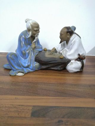 Chinese Shiwan Pottery Mudman Figurine Two Men Playing Board Game - Saf