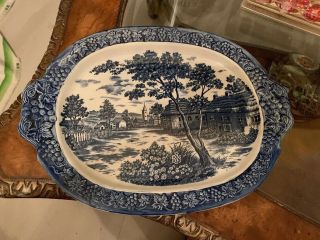 Antique Vintage England? Russian? Blue Hand Painted China Turkey Platter 100 Yr