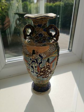 Antique Japanese Meiji Satsuma Moriage Vase - Handpainted