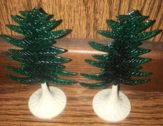 Vintage Pair Rare Plasticville Green & White Glitter Evergreen Christmas Trees