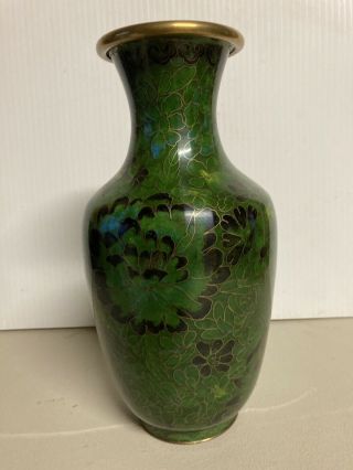 Antique Vintage Asian Green Cloisonne Enamel Vase Floral Design