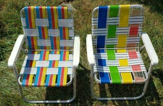 2 Vintage Childs Aluminum Folding Lawn Chair Rainbow Webbed Sun Terrace Brand