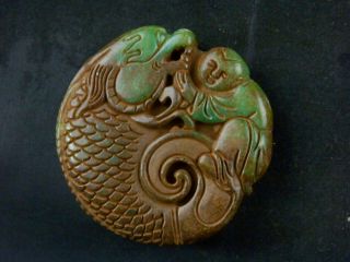 Wonderful Chinese Jade Hand Carved Boy On Dragon - Fish Pendant O202