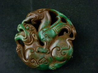 Wonderful Chinese Jade Hand Carved Phoenix On Foo Dog Pendant O195
