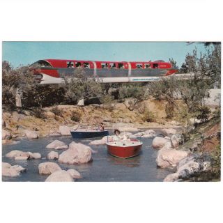 Disney Postcard 60s Monorail And Motor Boats E14