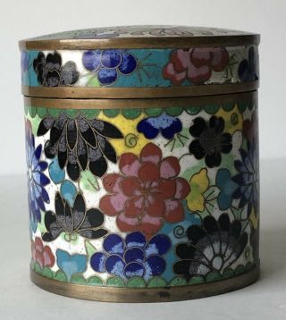 Antique Chinese Cloisonné On Brass 3” X 3” Round Trinket Box With Lid