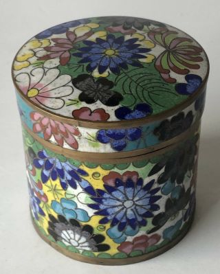 Antique Chinese Cloisonné On Brass 3” x 3” Round Trinket Box With Lid 3