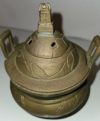 Old Vintage Asian Etched Brass Bowl Lid Incense Burner Pot