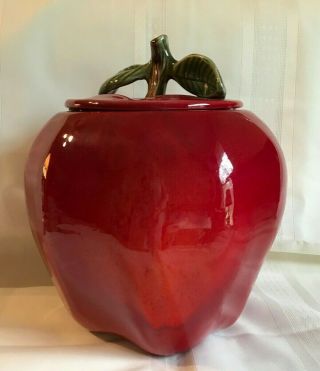 Vintage Shiny Red Apple Cookie Jar With Green Stem & Leaves 9 " Tall