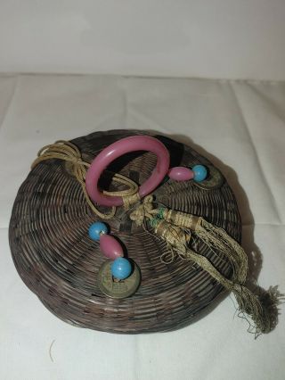 Vintage Small 6 " Chinese Sewing Basket With Coins Glass Ring Beads Tassle