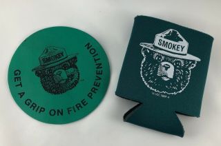 Vintage Smokey Bear Jar Opener/coaster And Can Koozie - Prevent Forest Fires Vtg