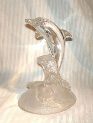 Lalique - Style Frosted & Clear Crystal Dolphin Tail Riding A Wave No Mark Euc 7 "