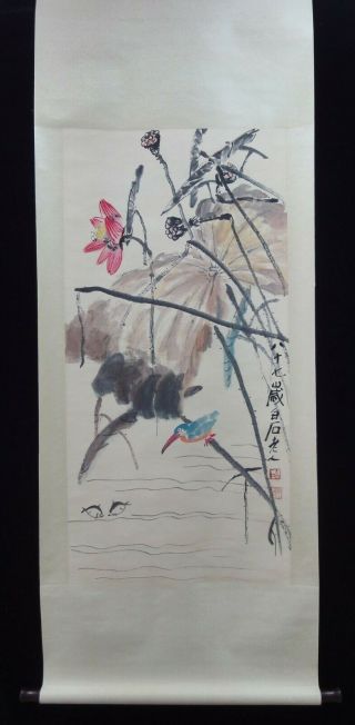 Old Very Large Chinese Scroll Hand Painting Lotus " Qibaishi " Marks