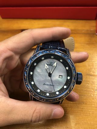 Invicta Excalibur Vintage Swiss Made Platinum Mop 52mm Blue Leather Watch