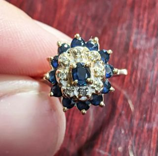 Vintage 10 Kt Yellow Gold Sapphire & Diamond Cluster Ring - Size 5.  75
