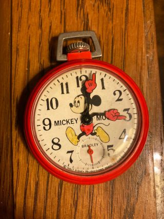 Mickey Mouse Vintage Disney Bradley Red Pocket Watch - - Made In Usa