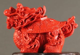 Chinese Natural Cinnabar Red Jade Hand - Carved Dragon Tortise Pendant 2.  2 Inch