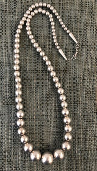 Extra Long Vintage Navajo Sterling Silver Graduated Bench Bead Necklace
