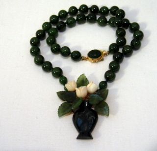 Vintage Signed Swoboda Pin Repurposed Nephrite Jade Angel Skin Coral Necklace