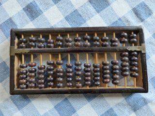 Vtg Chinese Abacus Lotus Flower Brand 13 Rods 91 Round Bead Black Counting Frame