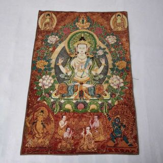36 " Tibet Tibetan Cloth Silk 4 Arm Guanyin Kwan - Yin Tangka Thangka Mural 8