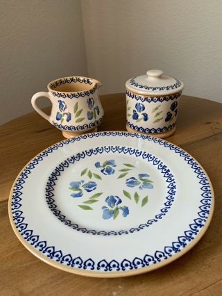 Nicholas Mosse Irish Pottery Plate,  Sugar Pot,  And Creamer,  Vintage Iris Pattern
