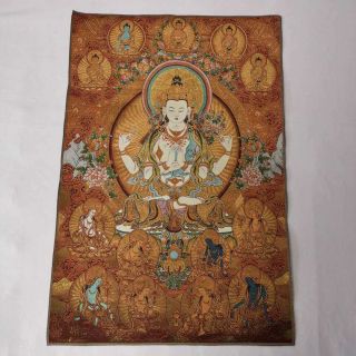 36 " Tibet Tibetan Cloth Silk 4 Arm Guanyin Kwan - Yin Tangka Thangka Mural 11