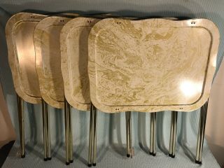 4 Vintage Matching Marble Metal Folding Tv Trays Table Set W/ Rolling Rack Ec