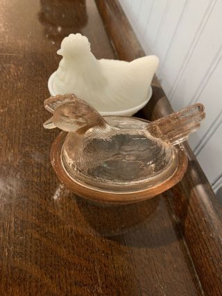 Vintage Glass Hen On Nest Chicken Covered Dish/Salt Cellar dip Set Of 2 2