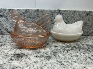 Vintage Glass Hen On Nest Chicken Covered Dish/Salt Cellar dip Set Of 2 3