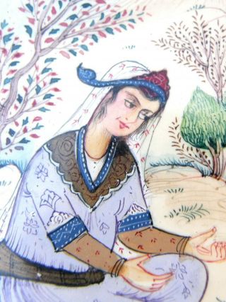 Vintage Persian Hand Painting On Bone Artist Signed Khatam Inlay Frame