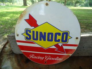Old Vintage 1950s Sunoco Racing Gasoline Motor Oil Porcelain Gas Pump Sign