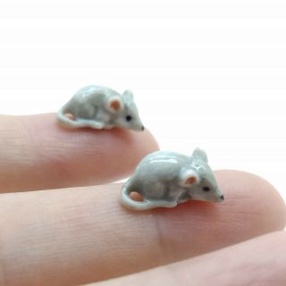 2 Rat Mouse Mice Figurine Ceramic Animal Miniature Tiny Gray Grey - Cck140