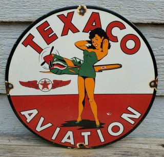 Vintage Texaco Gasoline Porcelain Pin Up Military Girl Aviation Service Oil Sign