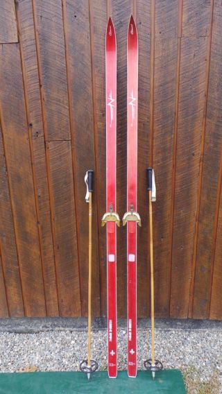 Vintage Wooden 80 " Skis Has Red Finish Signed Clement,  Bamboo Poles