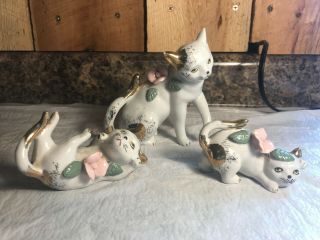 Set Of 3 Vintage White Cat Figurines With Gold Accents And Flowers Japan