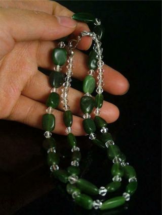 Fine Old Chinese Natural Spinach Green Nephrite Jade Carved Beaded Necklace