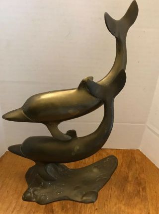 Vintage Large Brass Dolphins Two Statue Decor Nautical Sea Decor Swimming 3