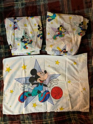 Vintage 90’s Disney Mickey Mouse Sports Crib Toddler Bed 3 Pc Sheet Set Stars